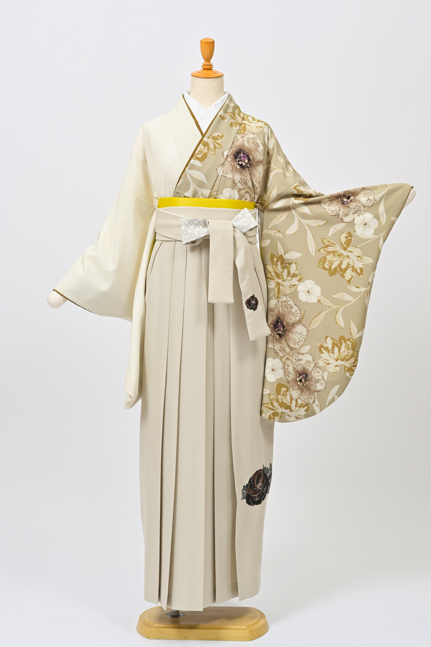 紅一点・レース花／片身替り・ベージュ×オフ